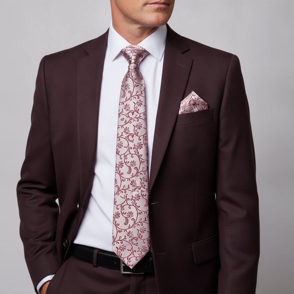 Burgundy Floral Classic Men's Tie and Pocket Square Set