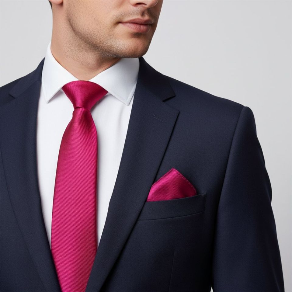 Fuchsia Pink Silk Twill Classic Mens Tie and Pocket Square Set