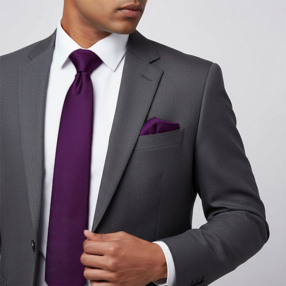 Purple Silk Twill Skinny Mens Tie and Pocket Square Set
