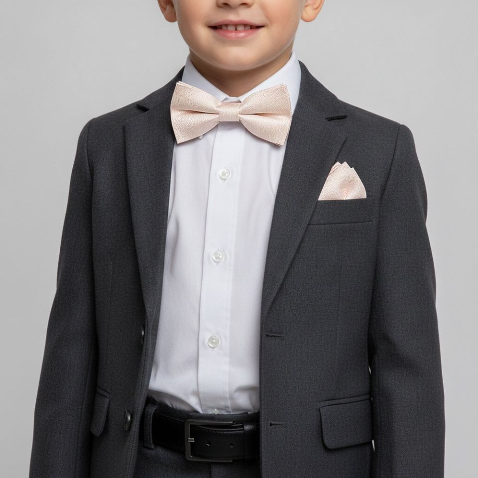 Pre Tied Blush Self Floral Textured Silk Boys Bow Tie and Pocket Square Set Age 4-7