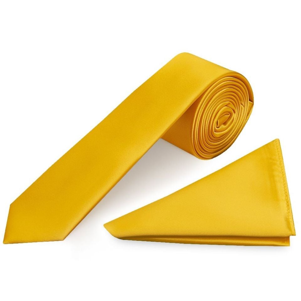 Plain Yellow Satin Skinny Men's Tie and Pocket Square Set