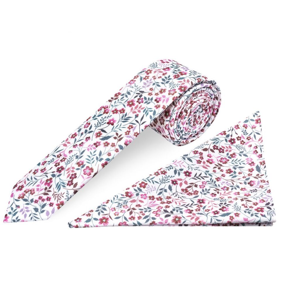 Red Small Floral Mens Skinny Tie and Pocket Square Set