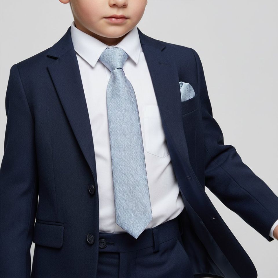 Pre Tied Dusty Blue Silk Boys Tie and Pocket Square Set Age 4-7