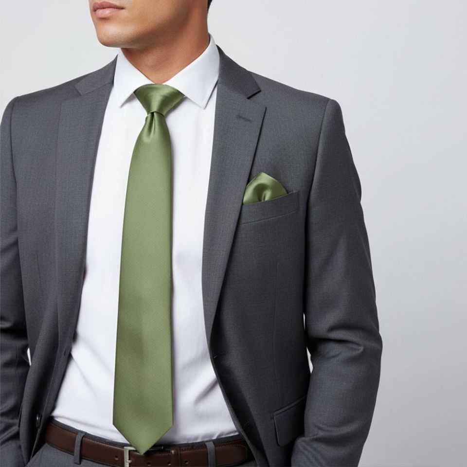 Mens Plain Olive Green Satin Classic Tie and Pocket Square Set
