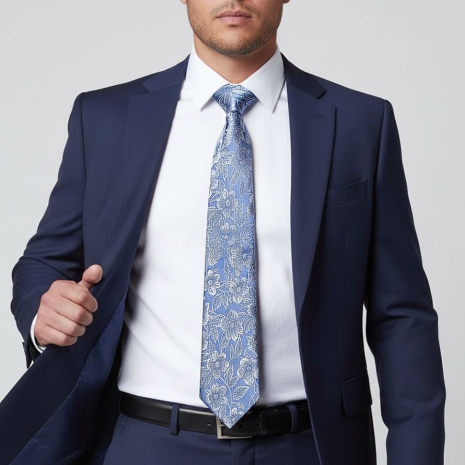 Mens Dusty Blue Floral Silk Classic Tie