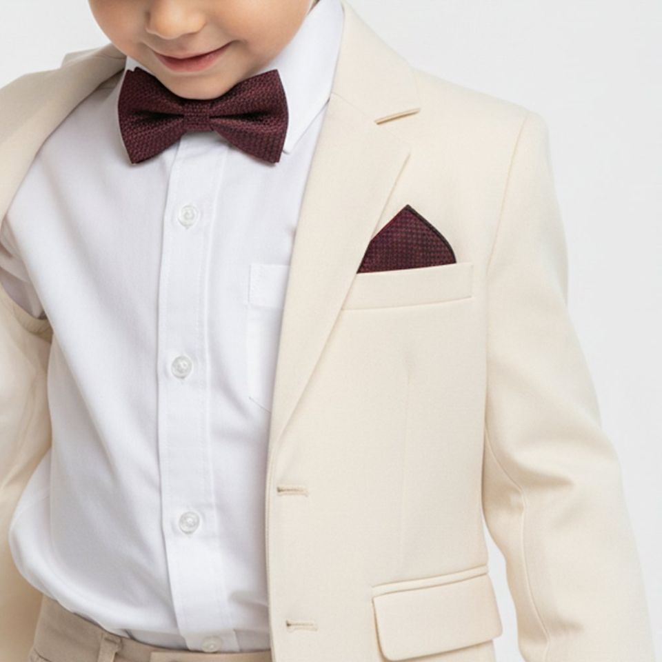 Pre Tied Burgundy Textured Boys Bow Tie and Pocket Square Set Age 4-7