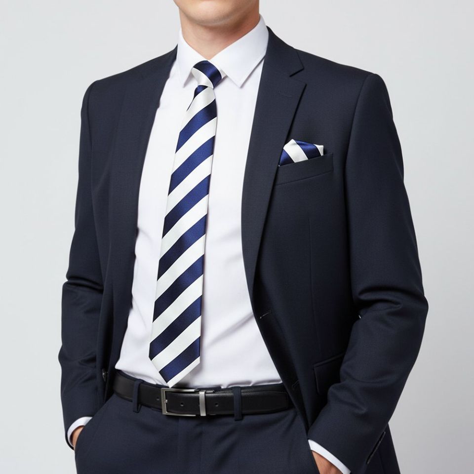 Navy and White Striped Classic Men's Football Tie and Pocket Square Set