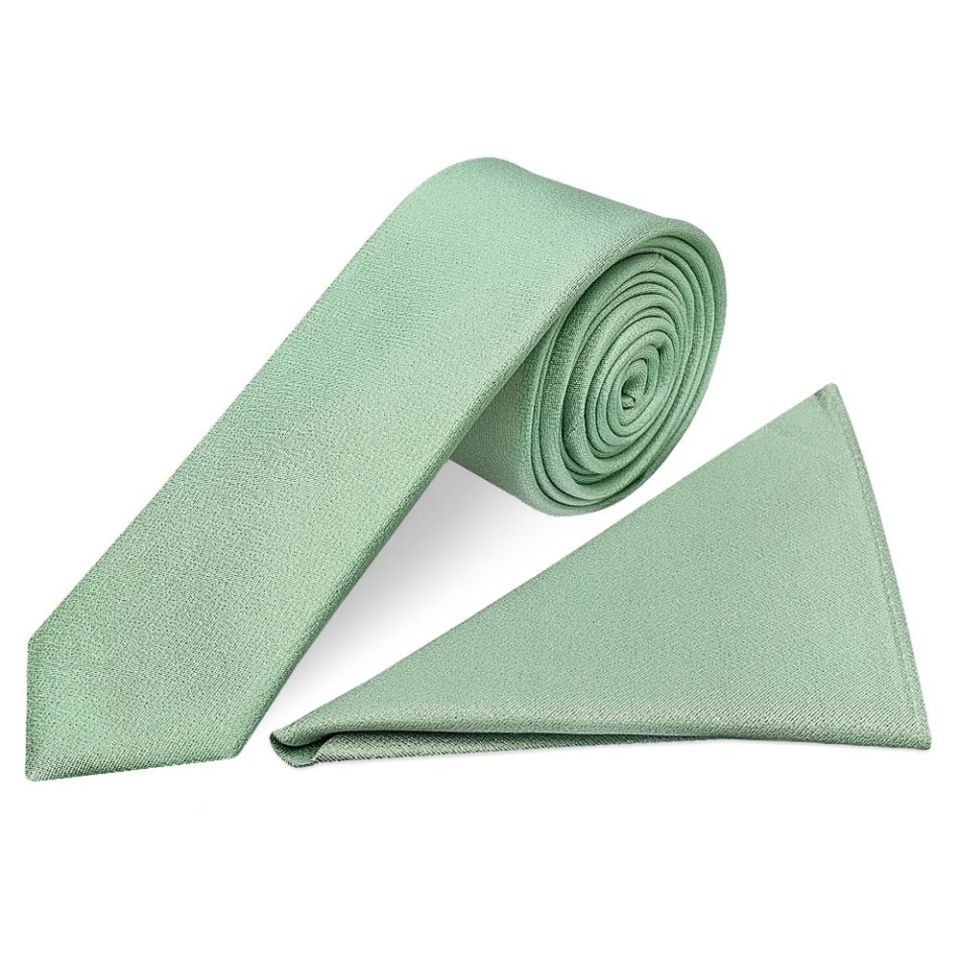 Plain Sea Grass Silk Skinny Boys Tie and Pocket Square Set
