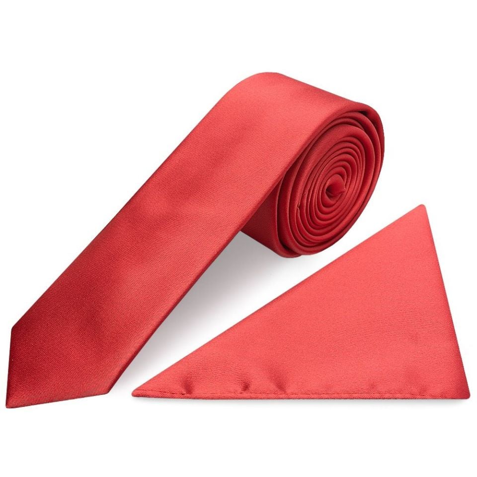 Fiesta Red Satin Skinny Men's Tie and Pocket Square Set