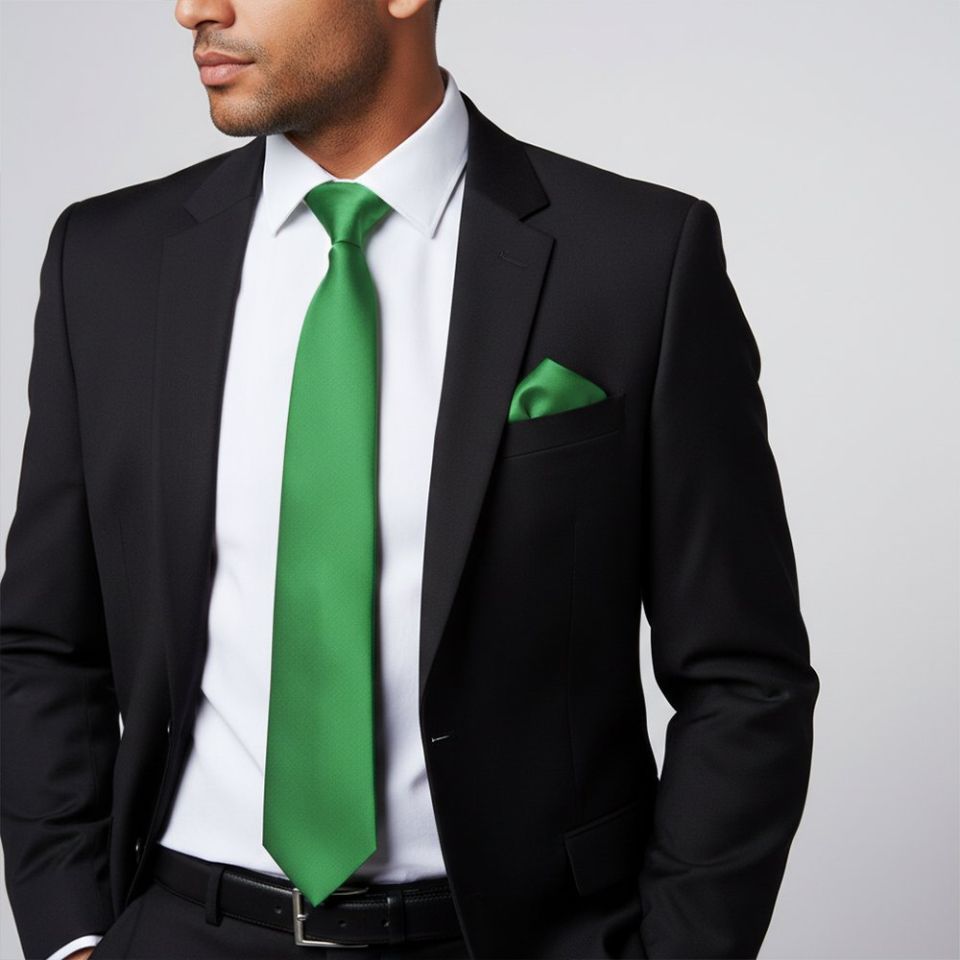 Plain Emerald Green Satin Classic Men's Tie and Pocket Square Set