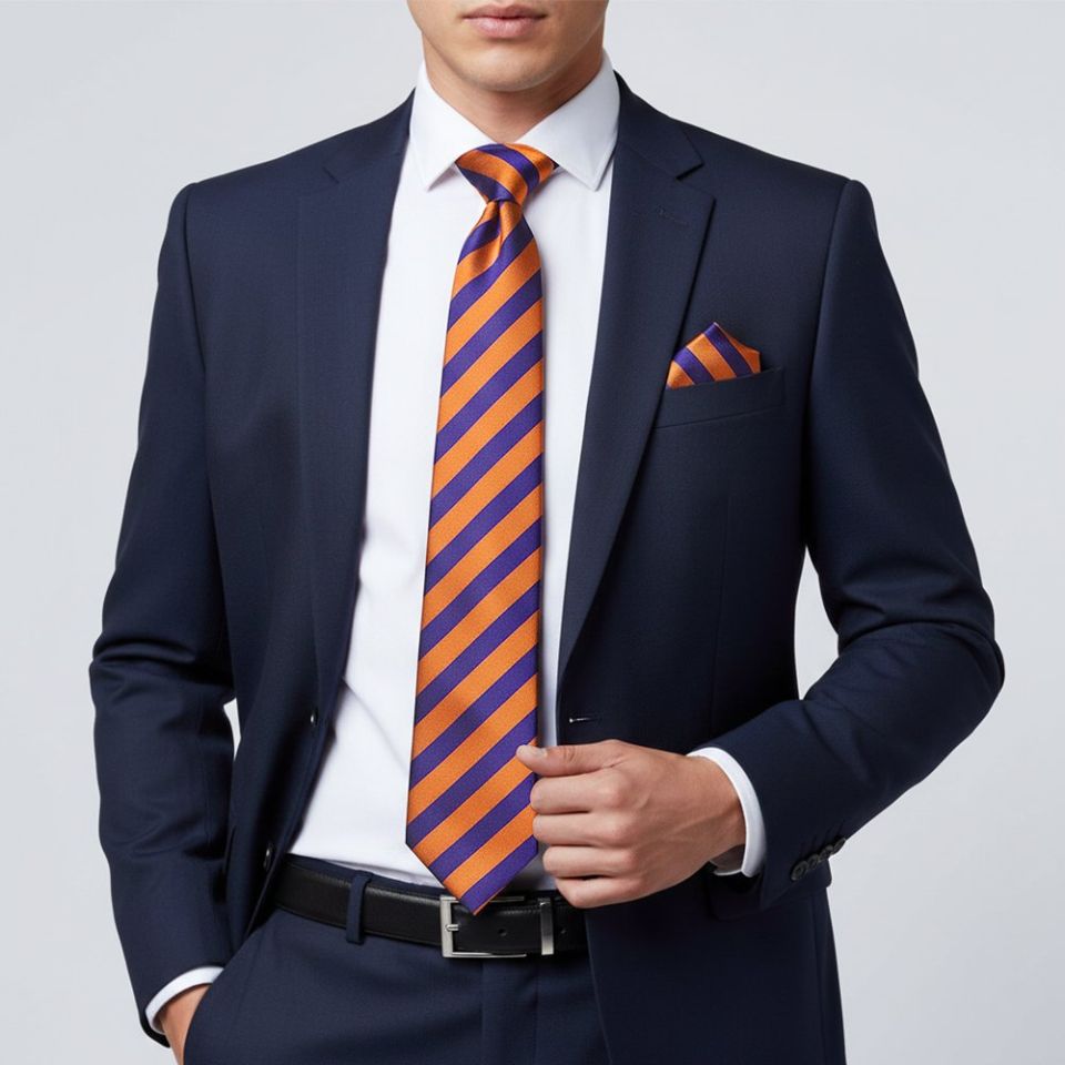 Purple and Orange Striped Classic Men's Tie and Pocket Square Set