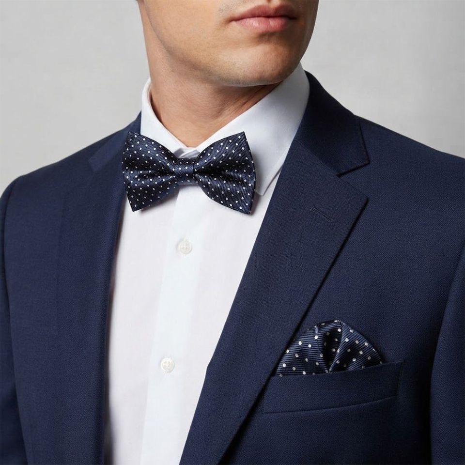 Navy Blue And White Polka Dot Mens Bow Tie and Pocket Square Set