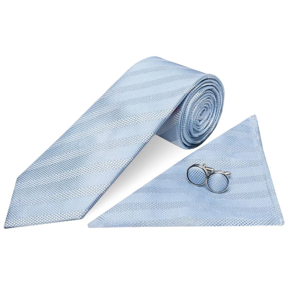 Light Blue Textured Stripe Mens Silk Classic Tie Pocket Square and Cufflinks Box Set