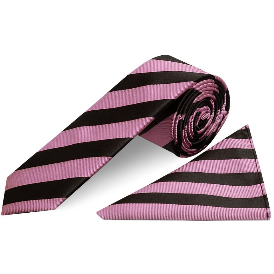 Black and Pink Striped Skinny Men's Tie and Pocket Square Set