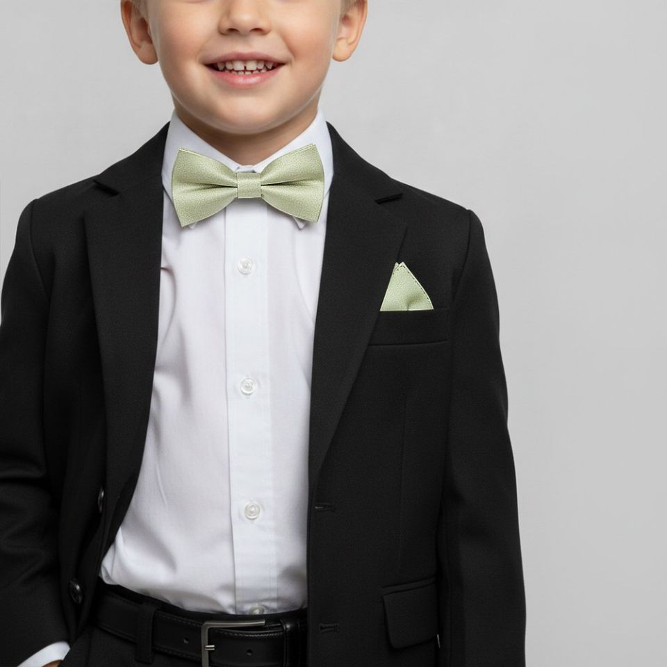 Pre Tied Sage Green Silk Boys Bow Tie and Pocket Square Set Age 4-7