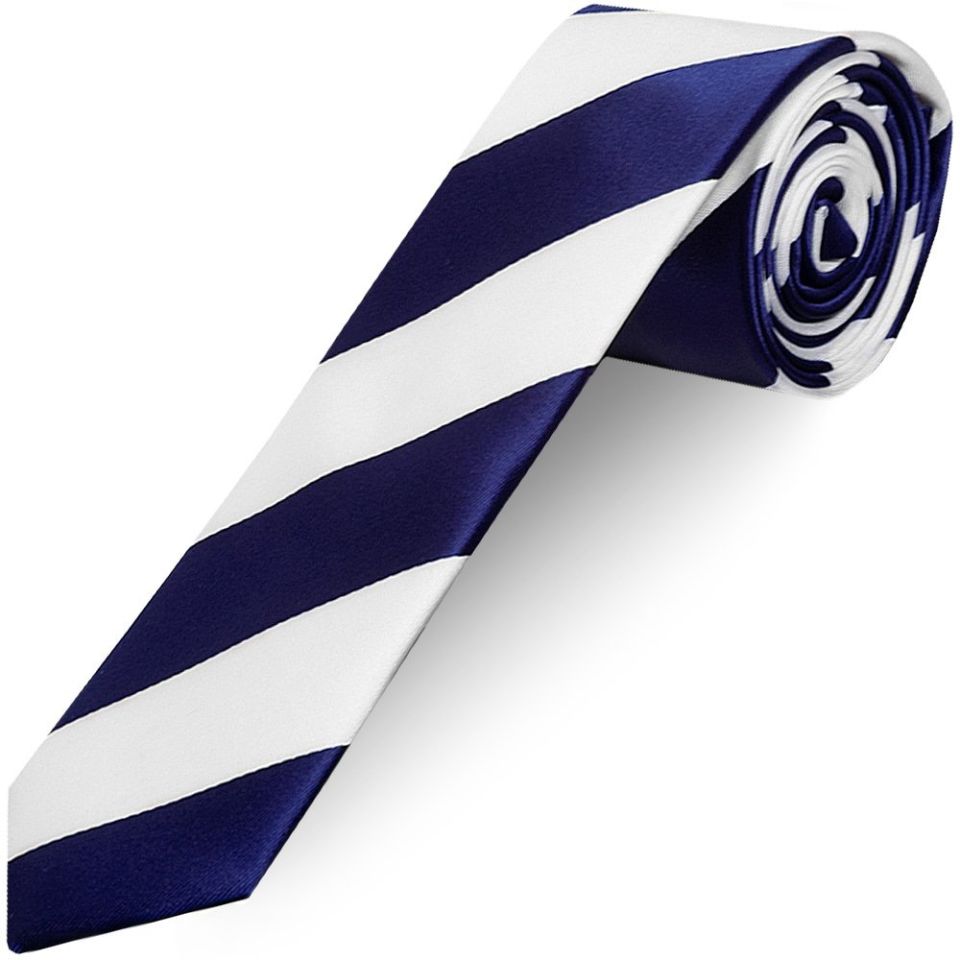 Navy and White Striped Skinny Men's Football Tie and Pocket Square Set