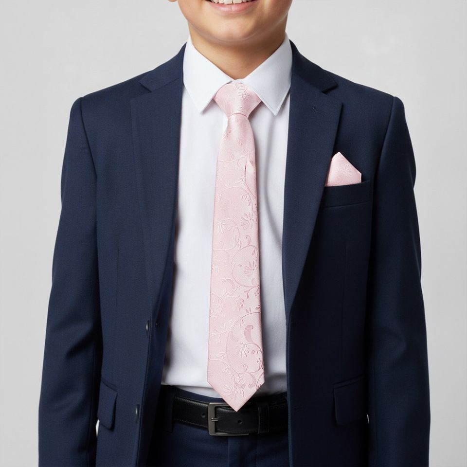 Blush Pink Floral Skinny Boys Tie and Pocket Square Set