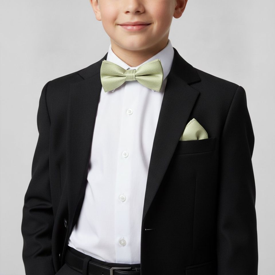 Boys Pre Tied Sage Green Silk Bow Tie and Pocket Square Set Age 8-11
