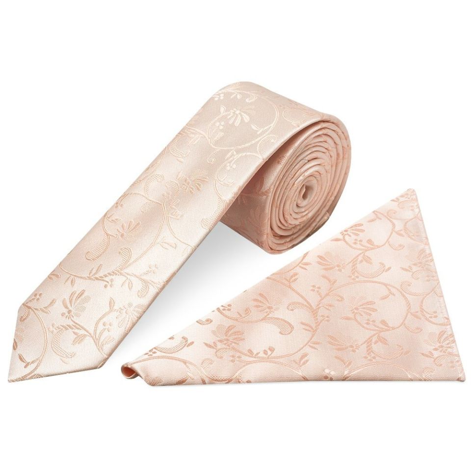 Light Peach Floral Skinny Men's Tie and Pocket Square Set