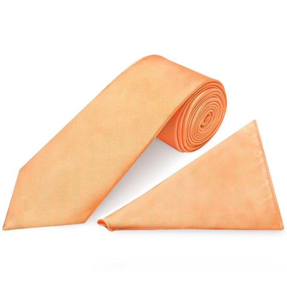Plain Peach Satin Classic Men's Tie and Pocket Square Set