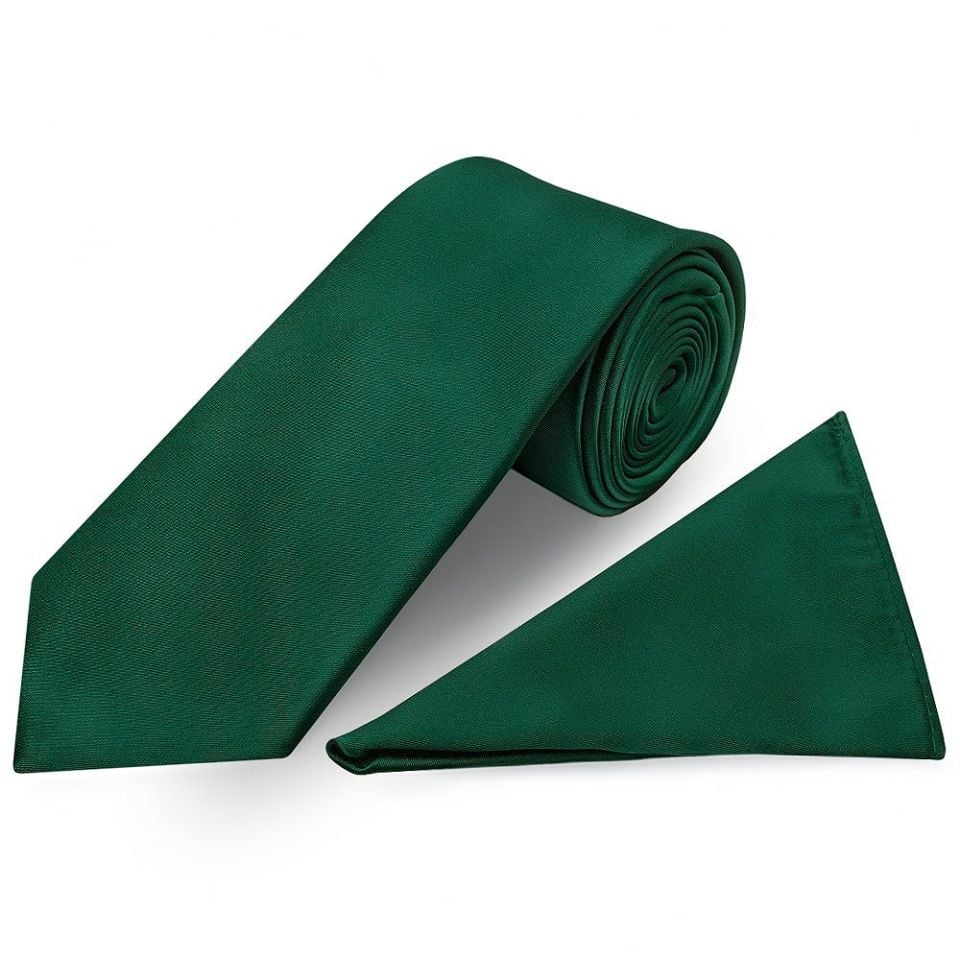 Plain Bottle Green Satin Classic Men's Tie and Pocket Square Set