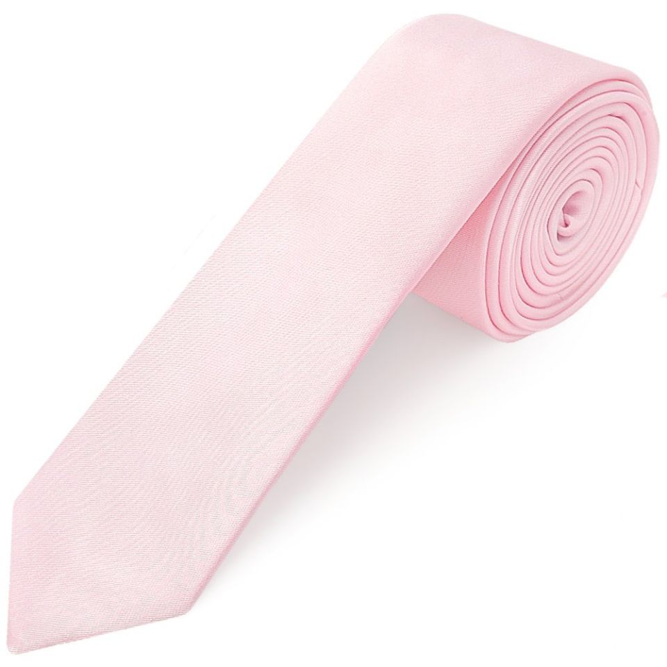 Plain Blush Pink Satin Skinny Boys Tie and Pocket Square Set