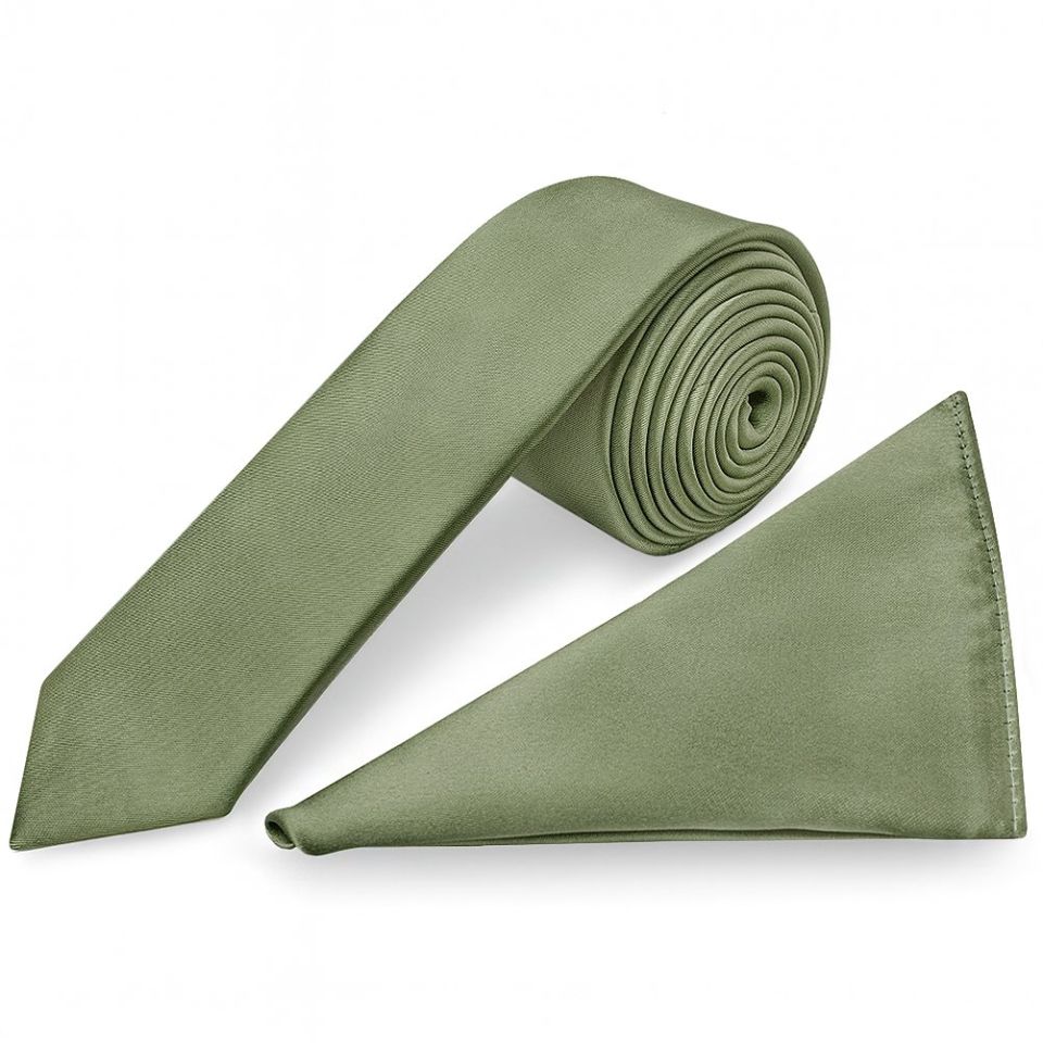 Plain Olive Green Satin Skinny Boys Tie and Pocket Square Set Age 8-11 Years