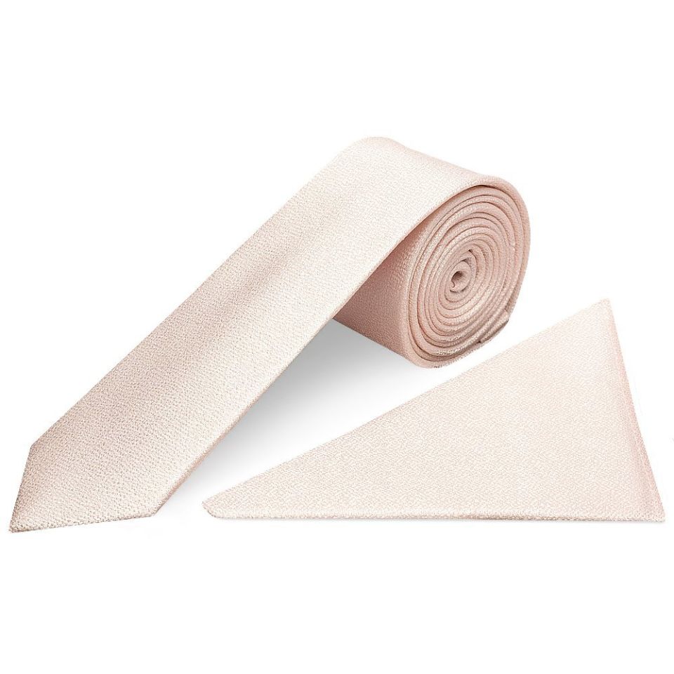 Plain Blush Pink Textured Silk Skinny Boys Tie and Pocket Square Set