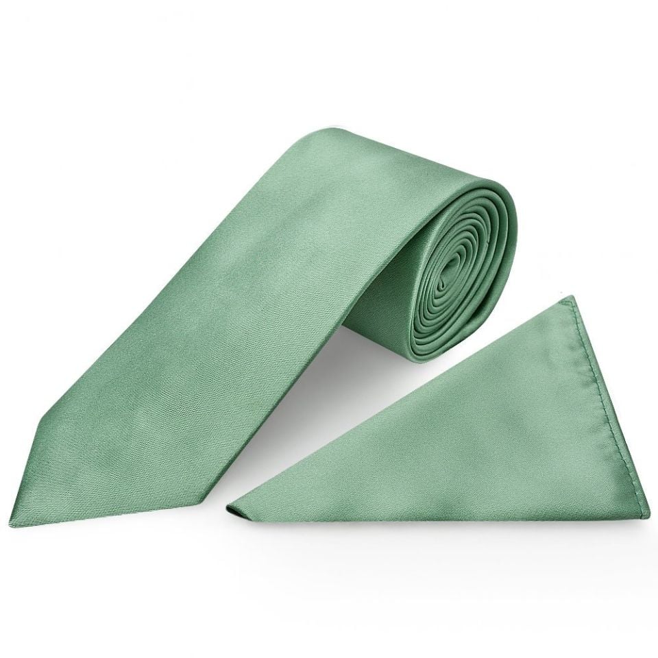 Plain Seagrass Satin Classic Mens Tie and Pocket Square Set