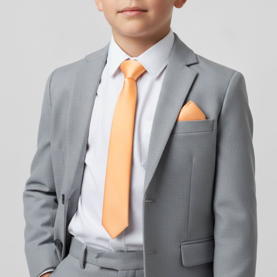Plain Peach Satin Boys Tie and Pocket Square Set