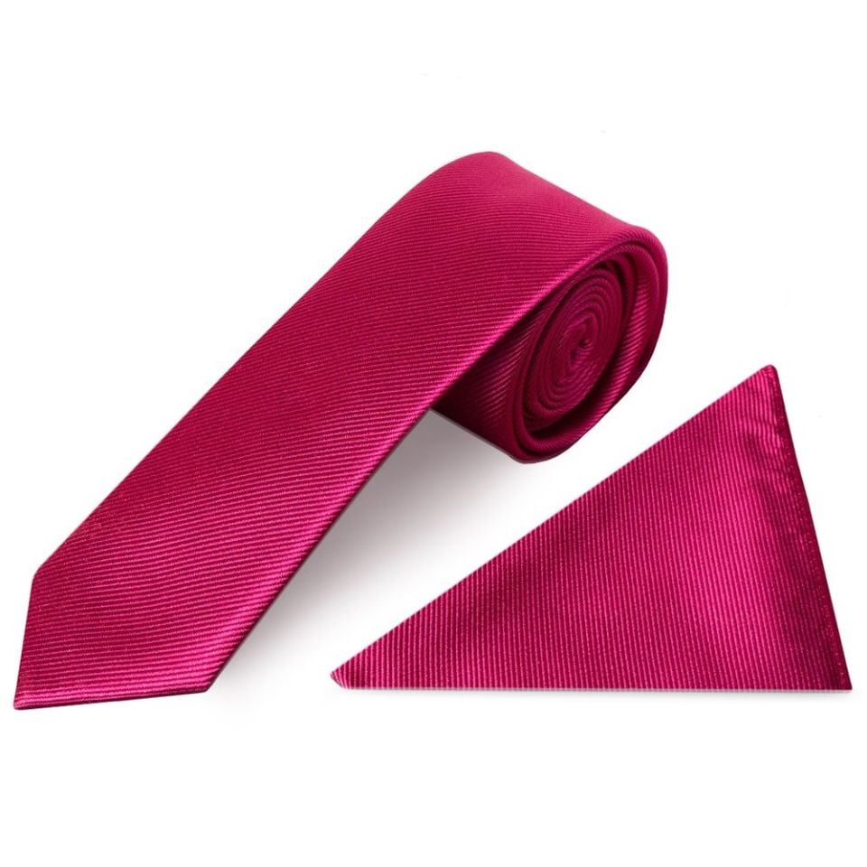 Fuchsia Pink Silk Twill Skinny Mens Tie and Pocket Square Set