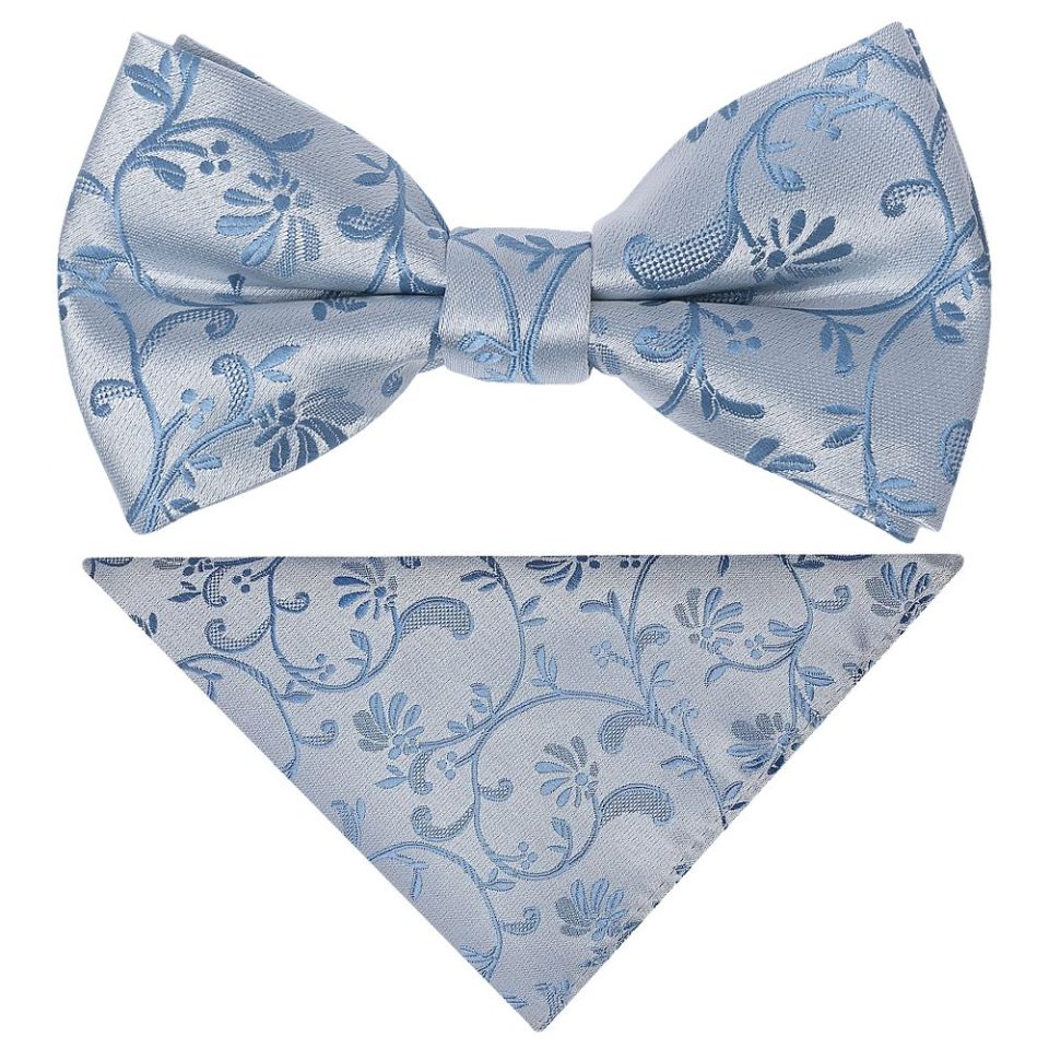 Pre Tied Dusty Blue Floral Boys Bow Tie and Pocket Square Set