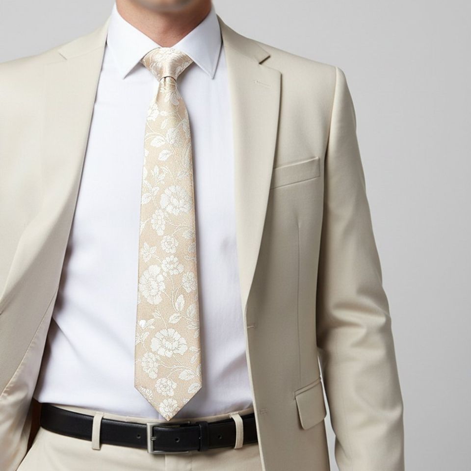 Champagne with White Floral Silk Classic Tie
