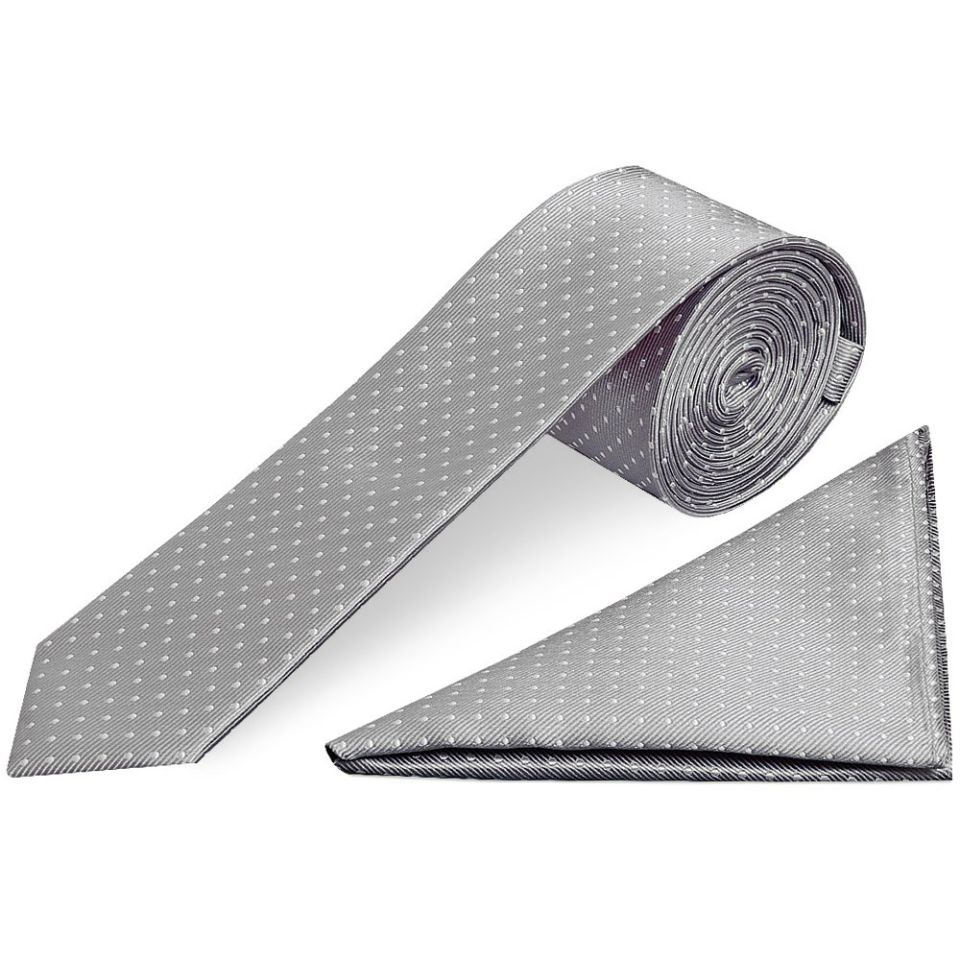 Silver and White Polka Dot Skinny Boys Tie and Pocket Square Set