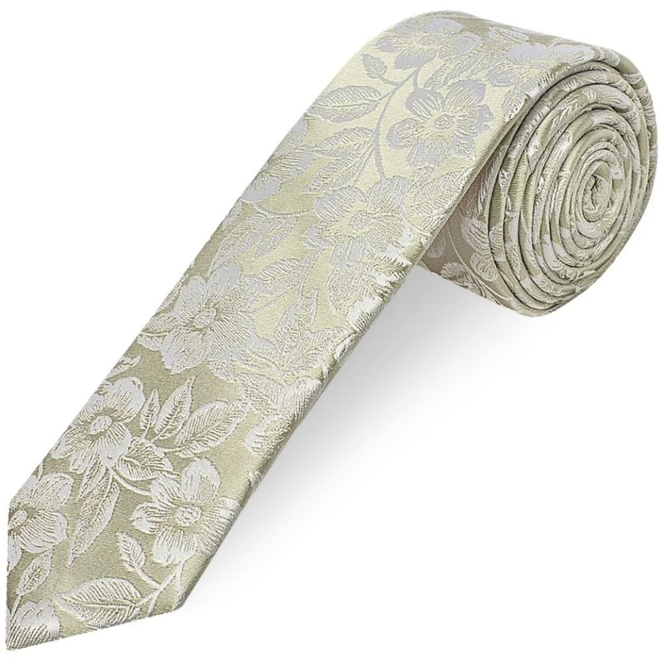 Mens Dusty Sage Floral Silk Skinny Tie and Pocket Square