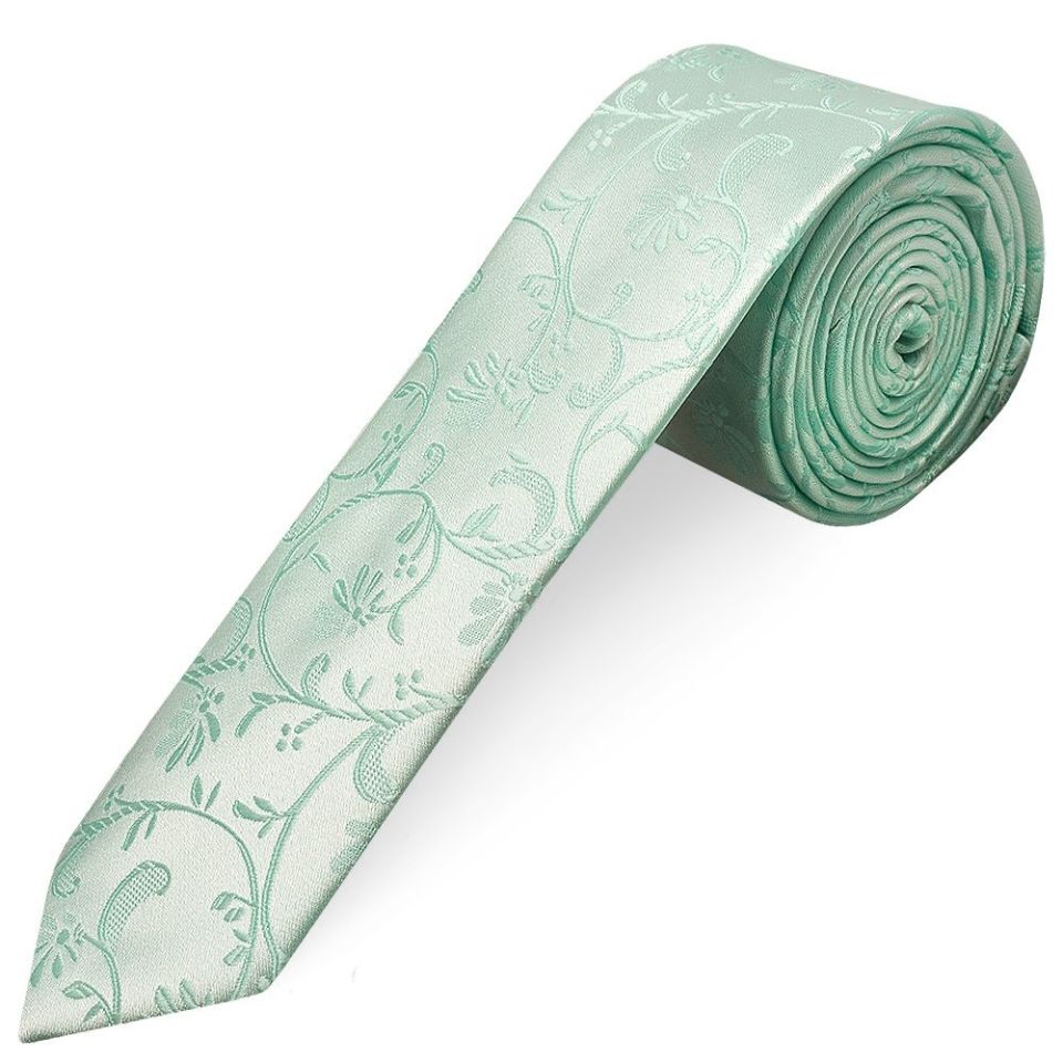 Mint Green Floral Skinny Men's Tie and Pocket Square Set