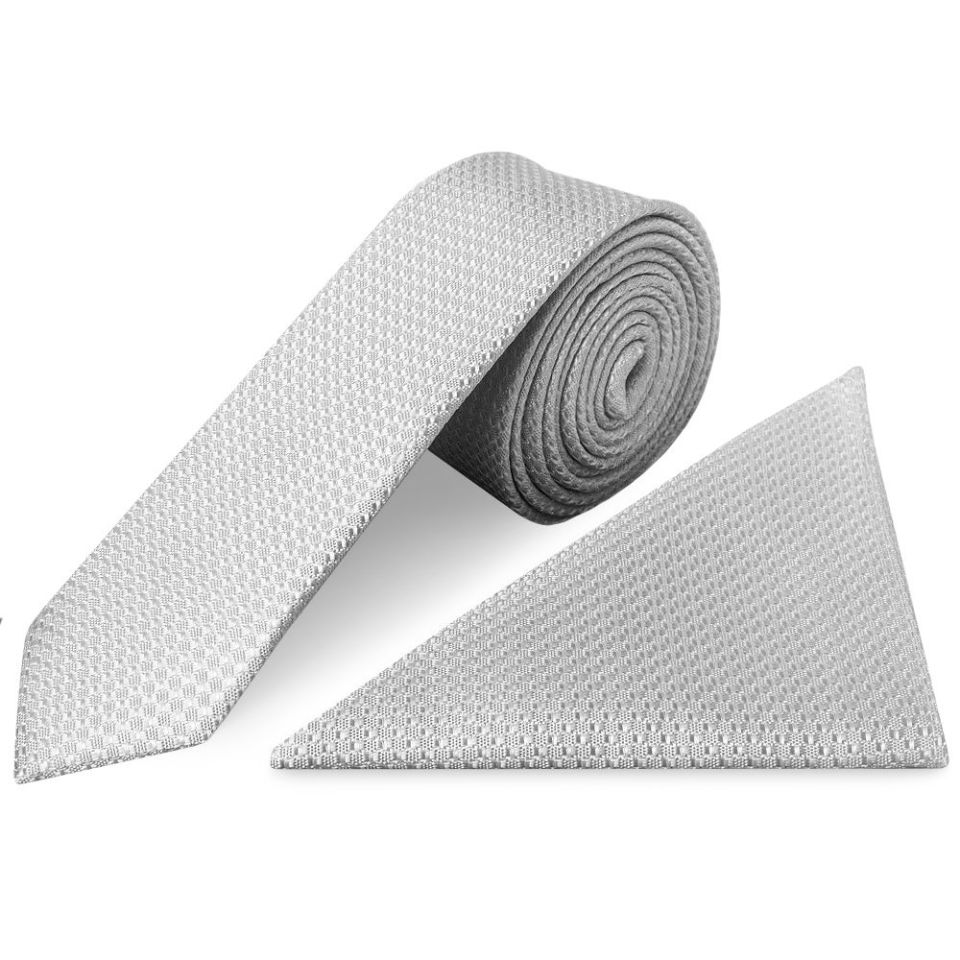Silver Textured Skinny Tie and Pocket Square Set