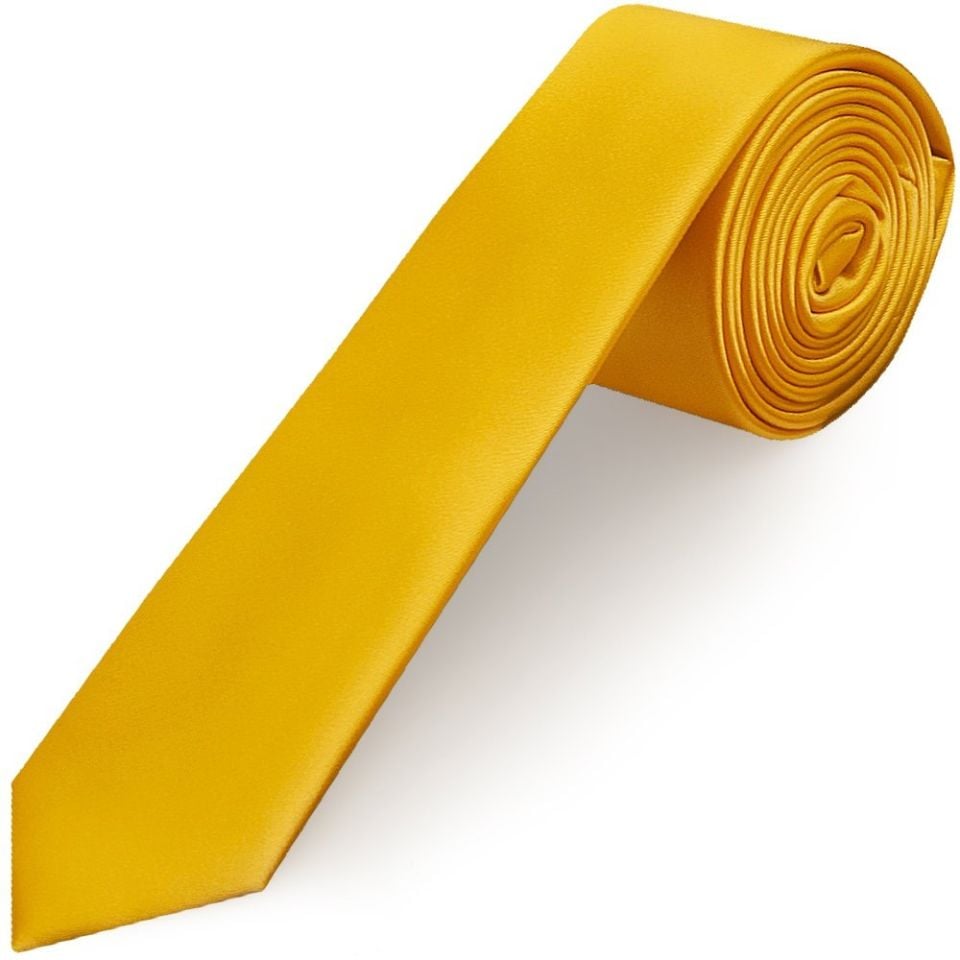 Plain Yellow Satin Skinny Men's Tie and Pocket Square Set