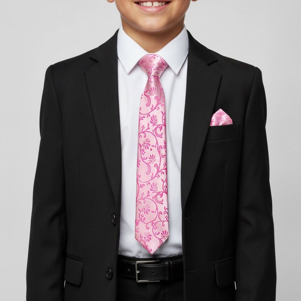 Fuchsia Floral Skinny Boys Tie and Pocket Square Set