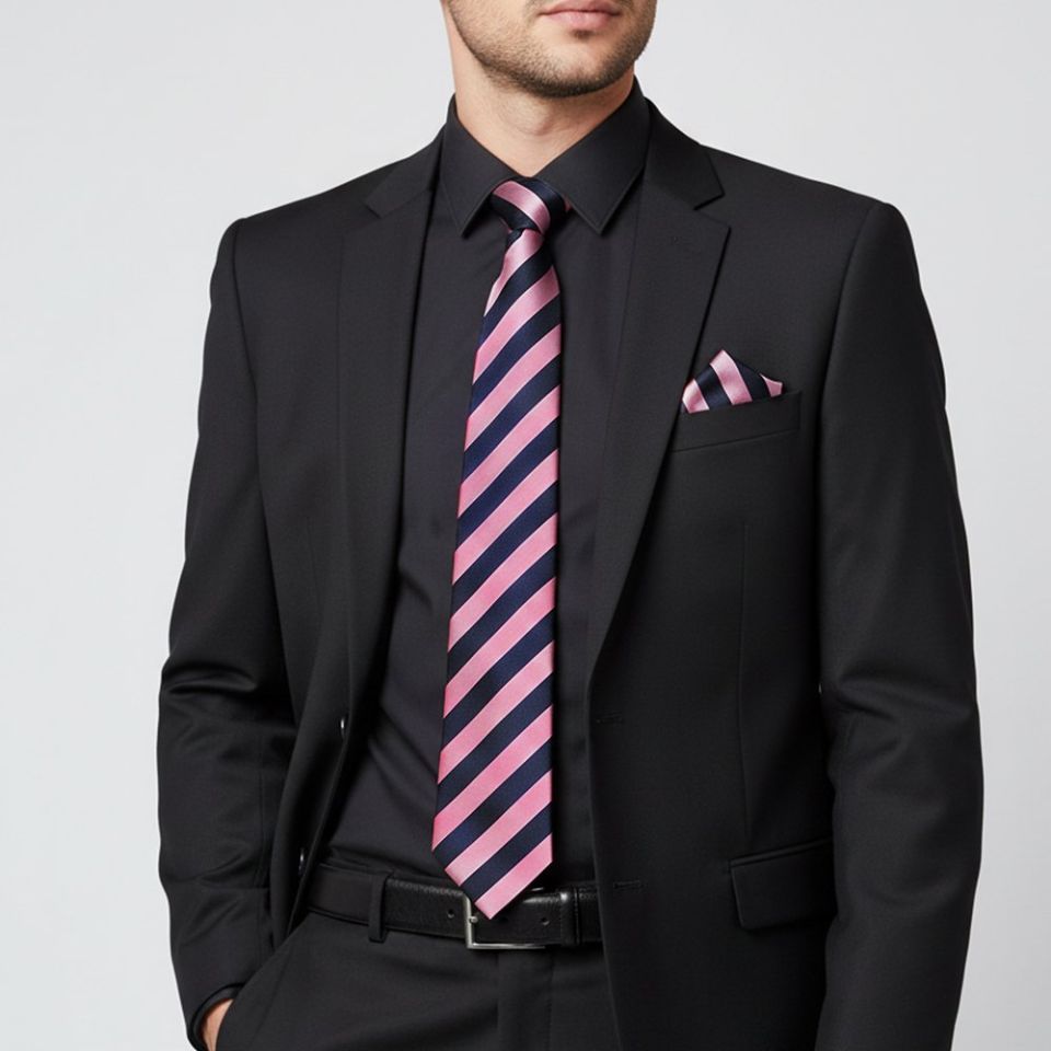 Navy and Pink Striped Classic Men's Tie and Pocket Square Set