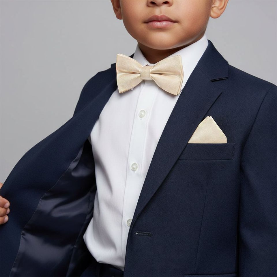 Pre Tied Champagne Silk Boys Bow Tie and Pocket Square Set Age 4-7