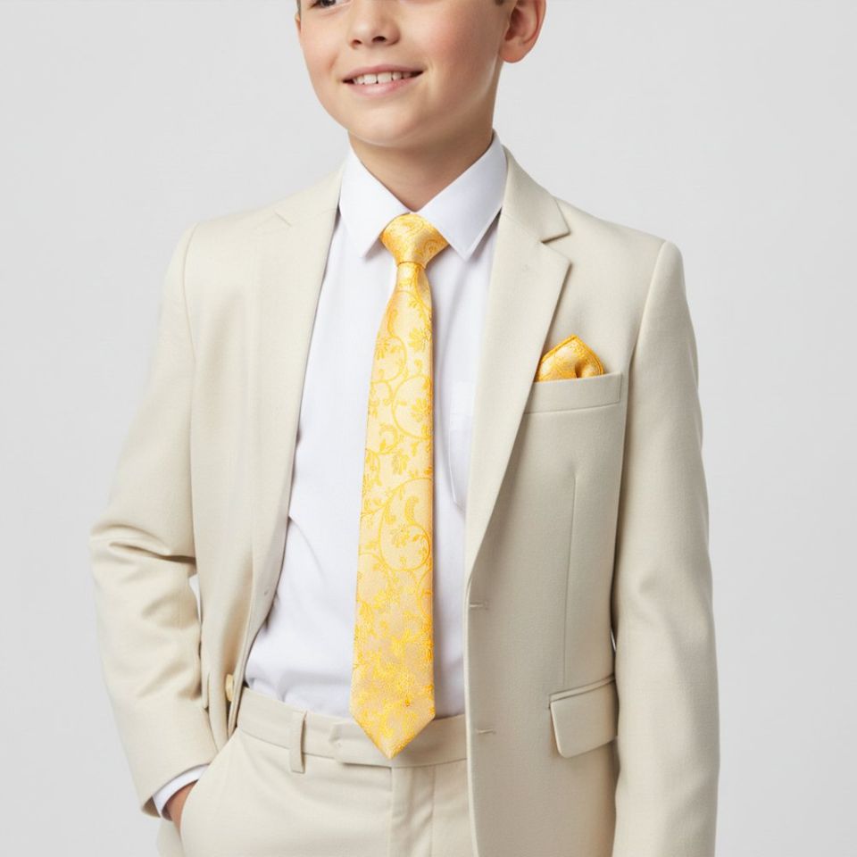 Bright Yellow Floral Skinny Boys Tie and Pocket Square Set
