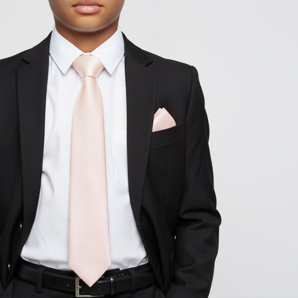Plain Blush Pink Textured Silk Skinny Boys Tie and Pocket Square Set