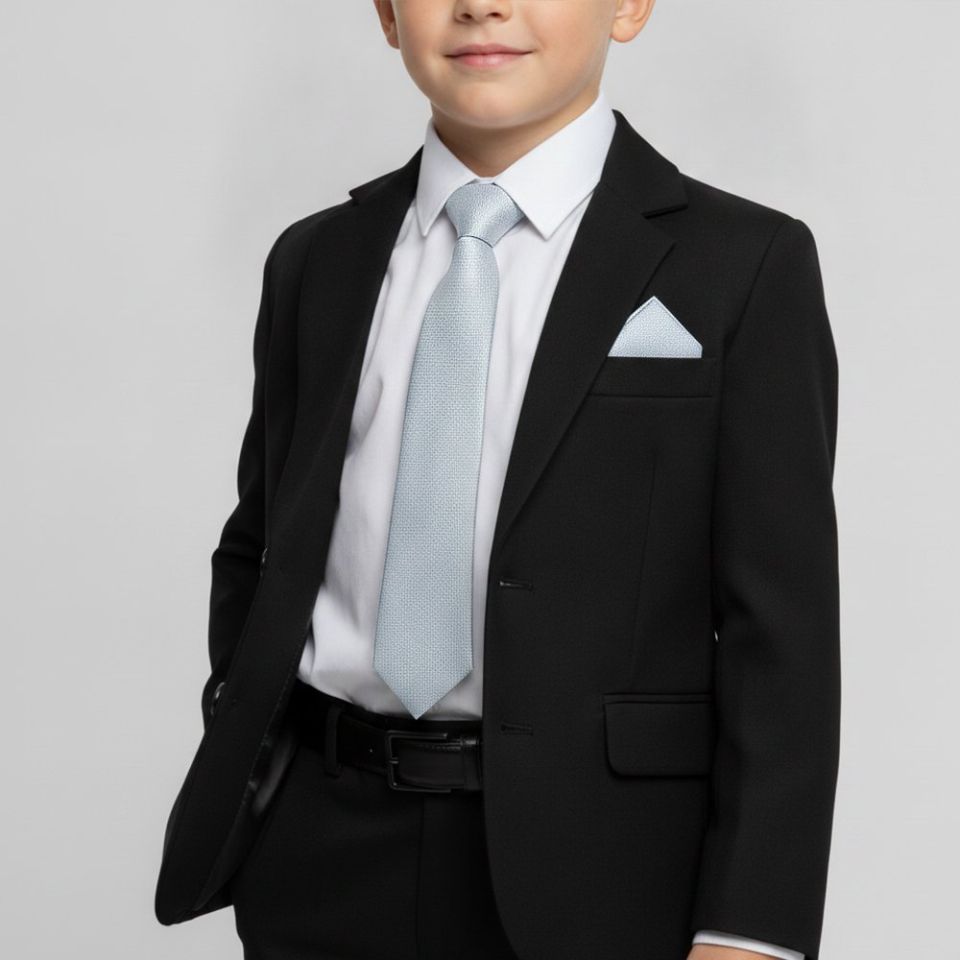 Pre Tied Light Blue Textured Silk Boys Tie and Pocket Square Set Age 4-7