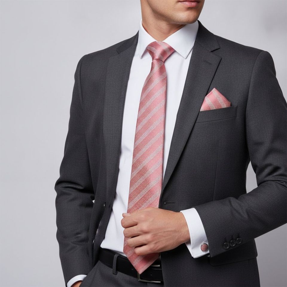 Dusty Pink Textured Stripe Mens Silk Classic Tie Pocket Square and Cufflinks Box Set