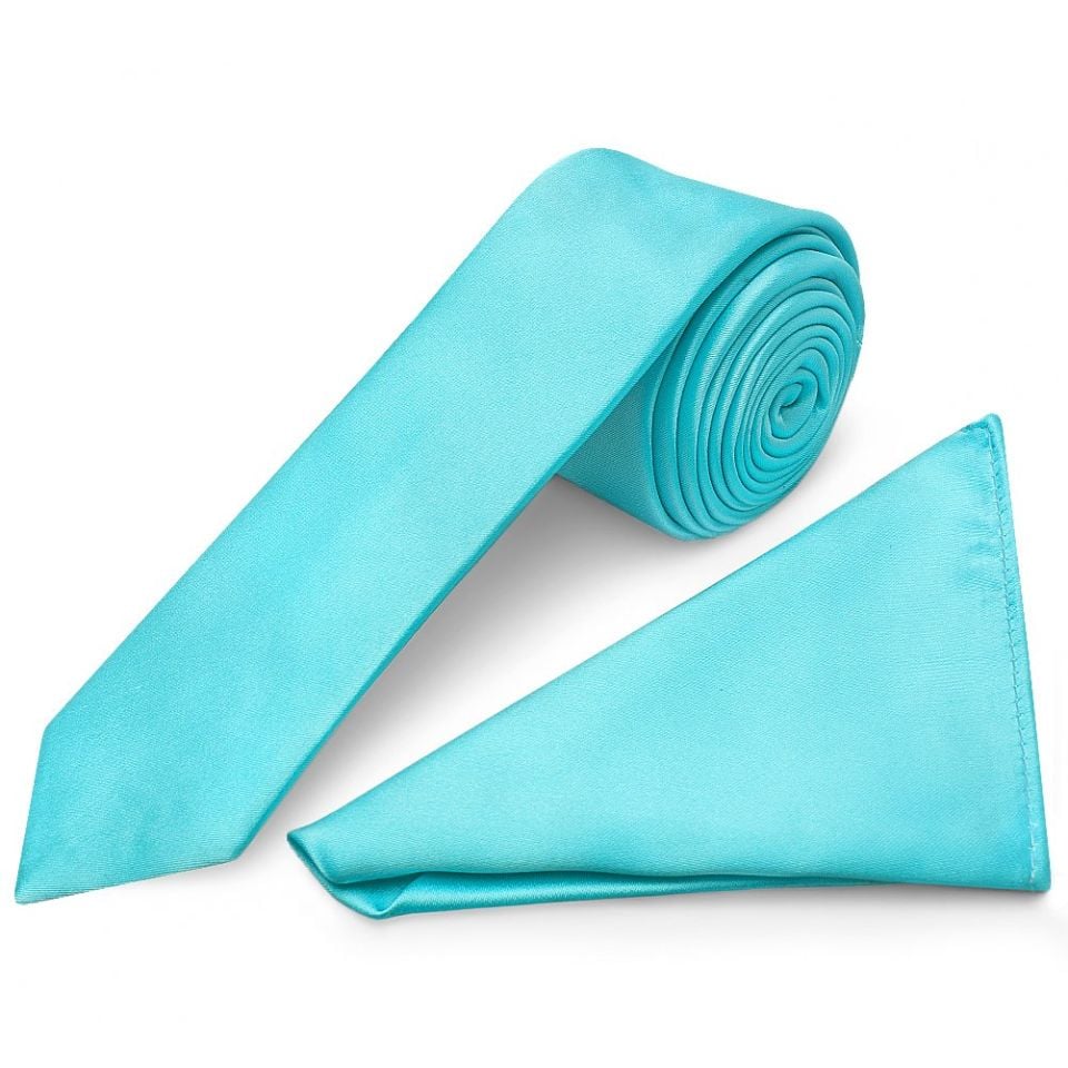Tiffany Blue Satin Skinny Men's Tie and Pocket Square Set
