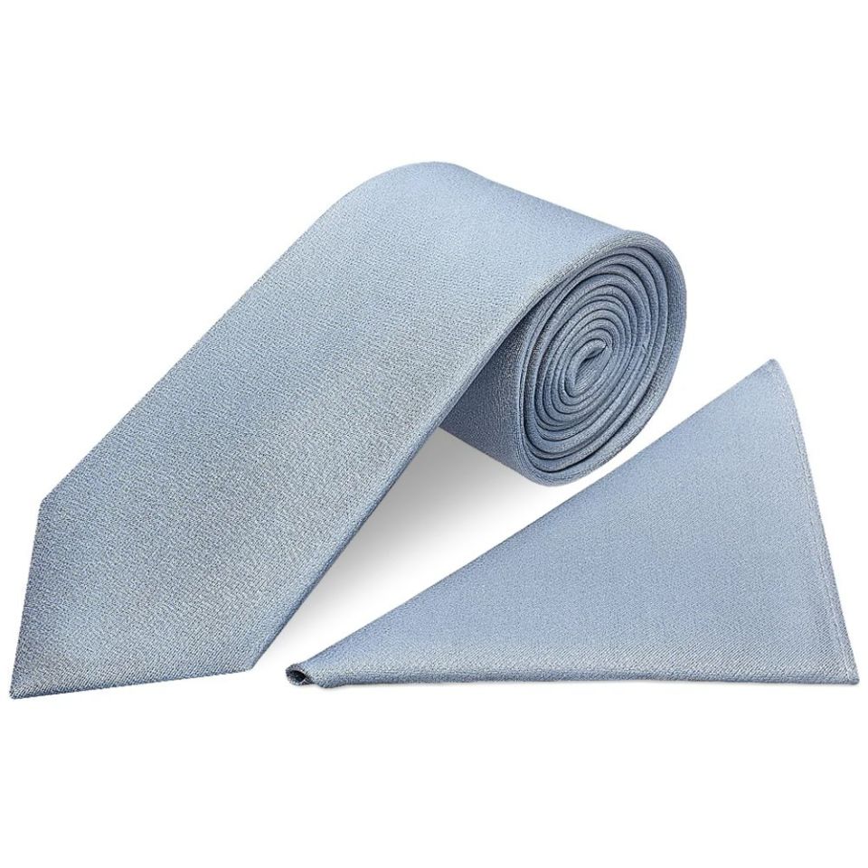 Plain Dusty Blue Silk Classic Men's Tie and Pocket Square Set