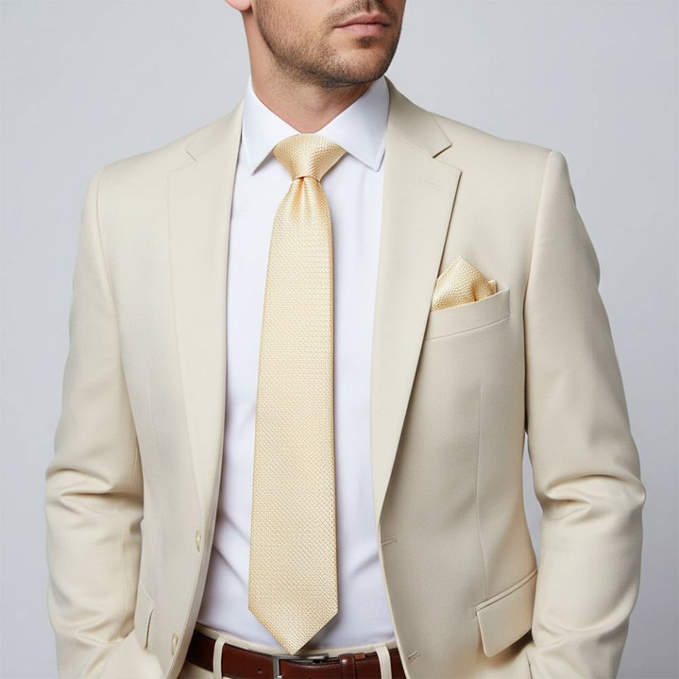 Ivory Textured Classic Tie and Pocket Square Set