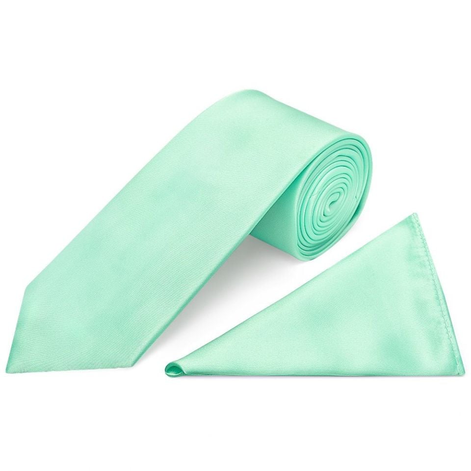 Plain Mint Green Satin Classic Men's Tie and Pocket Square Set