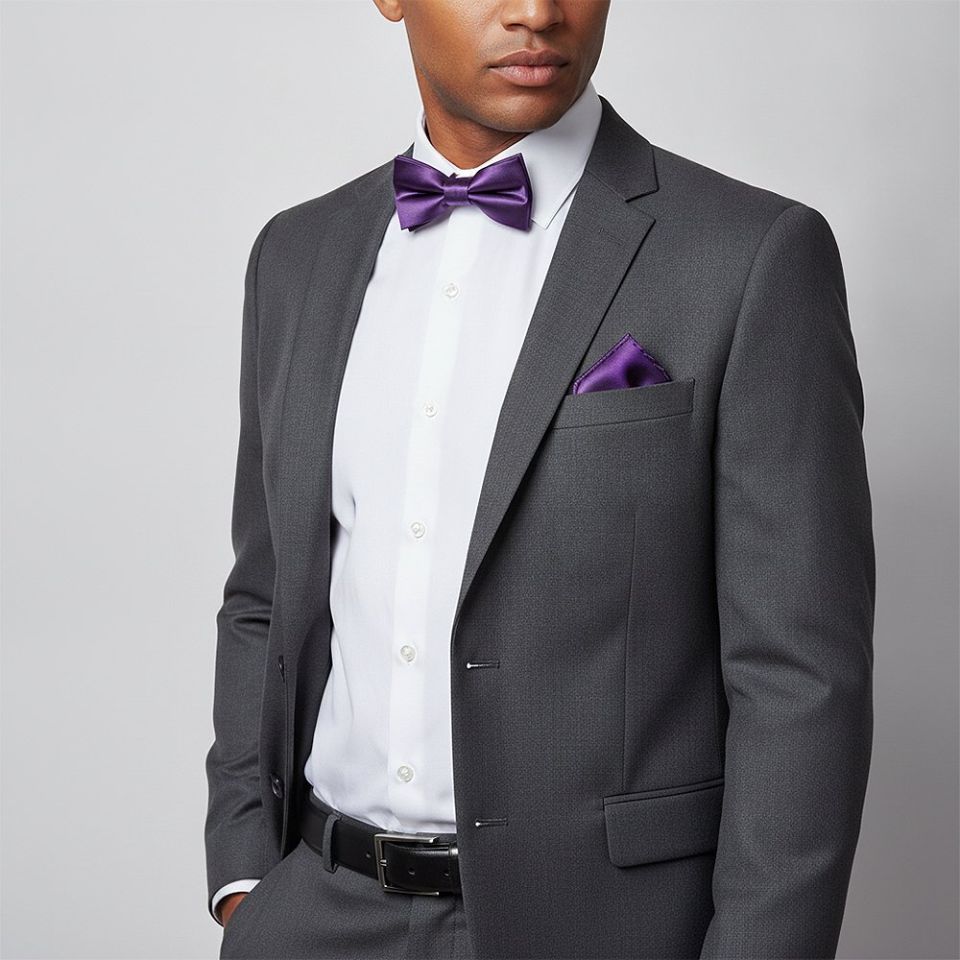 Handmade Purple Mens Bow Tie and Pocket Square Set
